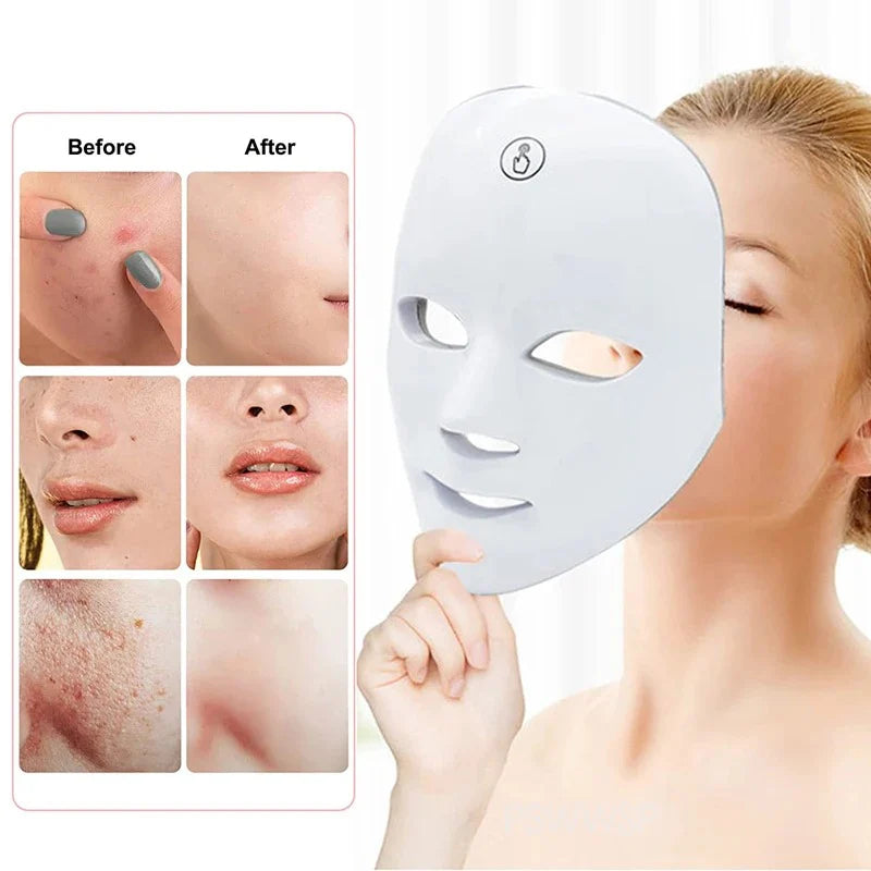 Woman holding a LED face mask with 'Before' and 'After' skin comparison on the left.